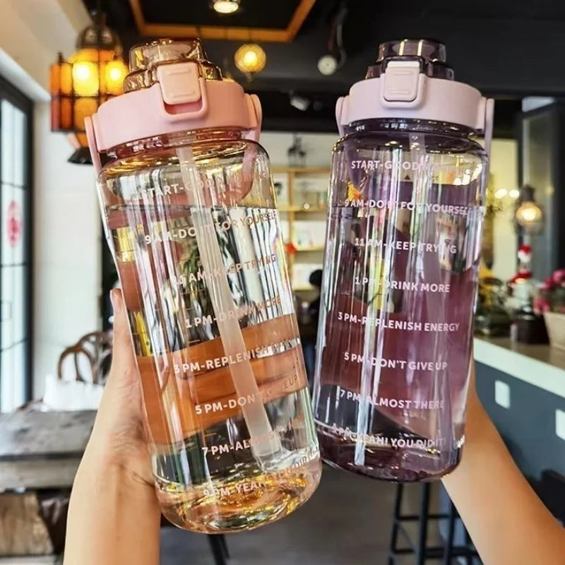 2 Liter Water Bottle with Straw Female Jug Girls Portable Travel bottles Fitness Bike Cup Summer Cold Water Jug with Time Marker