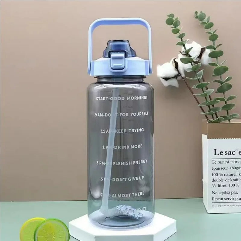 2 Liter Water Bottle with Straw Female Jug Girls Portable Travel bottles Fitness Bike Cup Summer Cold Water Jug with Time Marker