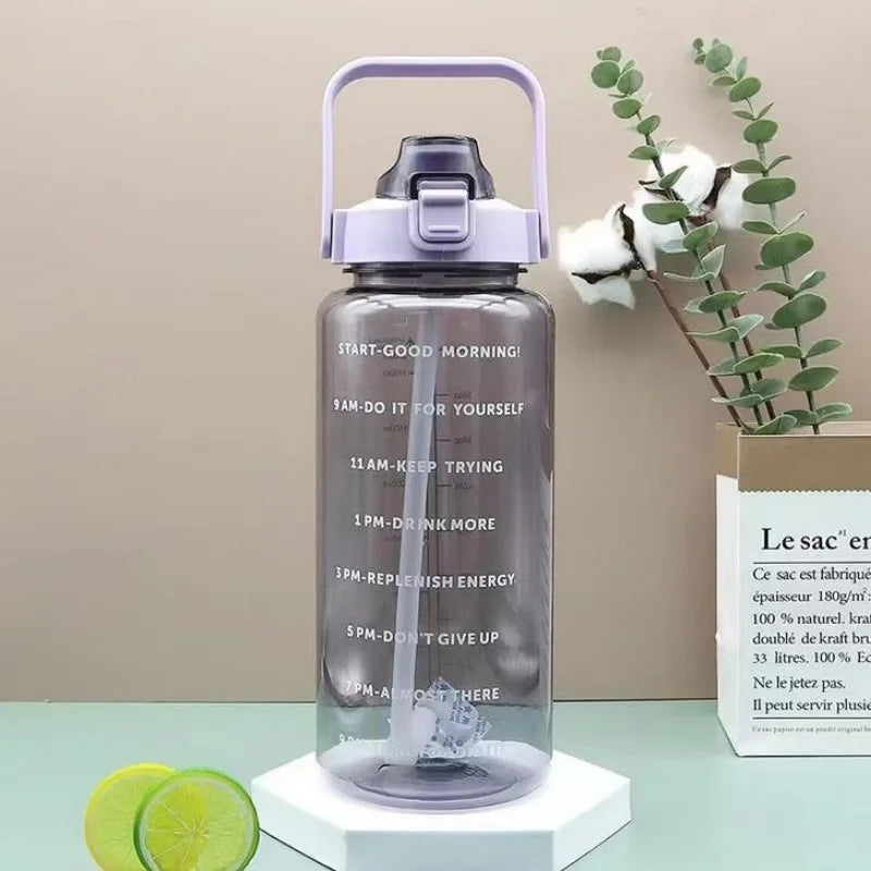 2 Liter Water Bottle with Straw Female Jug Girls Portable Travel bottles Fitness Bike Cup Summer Cold Water Jug with Time Marker