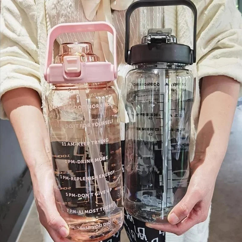 2 Liter Water Bottle with Straw Female Jug Girls Portable Travel bottles Fitness Bike Cup Summer Cold Water Jug with Time Marker