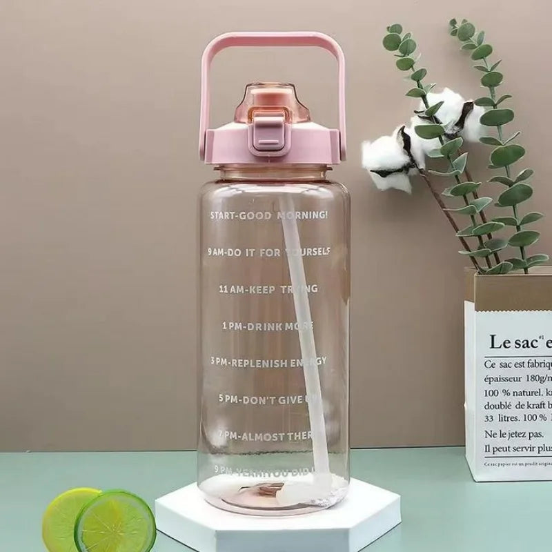 2 Liter Water Bottle with Straw Female Jug Girls Portable Travel bottles Fitness Bike Cup Summer Cold Water Jug with Time Marker