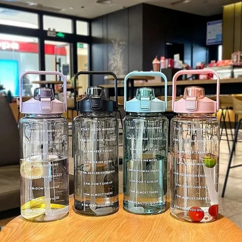 2 Liter Water Bottle with Straw Female Jug Girls Portable Travel bottles Fitness Bike Cup Summer Cold Water Jug with Time Marker
