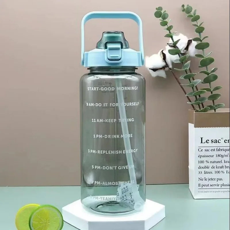 2 Liter Water Bottle with Straw Female Jug Girls Portable Travel bottles Fitness Bike Cup Summer Cold Water Jug with Time Marker